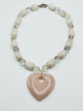 Natural Quartz and AB Crystal beaded necklace with Rose Quartz Heart Pendant